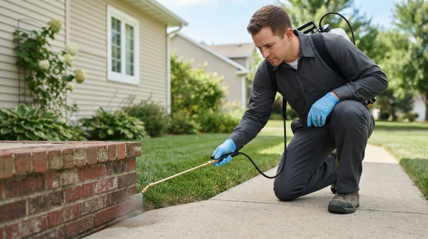 Pest control technician treating a home near Switz City, IN